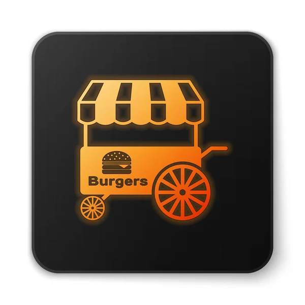 Pomarańczowy świecący Fast Street Food wózek z ikoną markizy na białym tle. Burger lub ikonę Hamburger. Kiosk miejski. Czarny kwadrat przycisk. Ilustracja wektorowa — Wektor stockowy