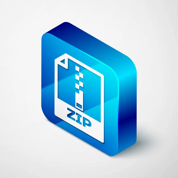 Icono de documento de archivo ZIP isométrico. Descargar icono de botón zip aislado sobre fondo blanco. Símbolo del archivo ZIP. Botón cuadrado azul. Ilustración vectorial — Vector de stock