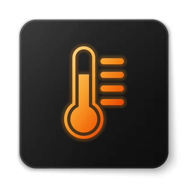 Icono de termómetro brillante naranja aislado sobre fondo blanco. Diseño plano. Botón cuadrado negro. Ilustración vectorial — Archivo Imágenes Vectoriales