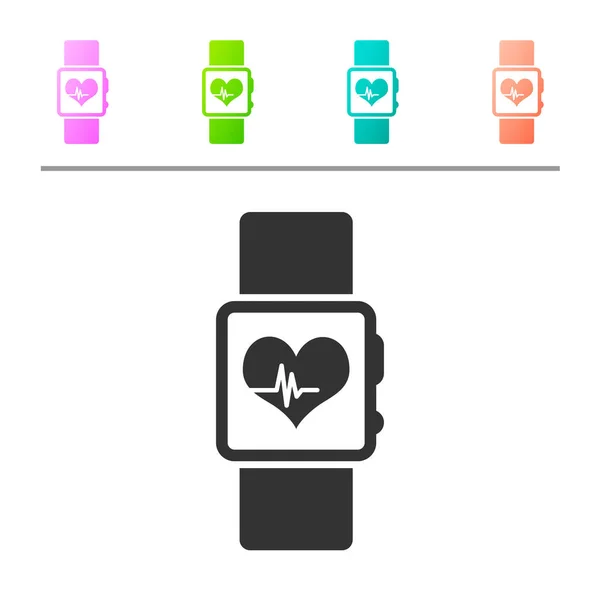 Grey Smart watch showing heart beat rate icon isolated on white background. Fitness App concept. Set icon in color buttons. Vector Illustration — Stock Vector