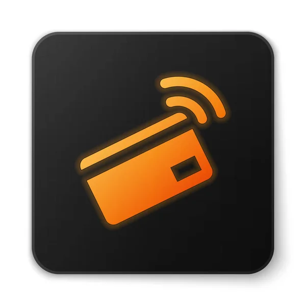 Oranje gloeiende contactloze betaling met NFC-Kaartpictogram geïsoleerd op witte achtergrond. Kaart met Radio Wave teken. Betaling met credit card. Zwarte vierkante knop. Vector illustratie — Stockvector