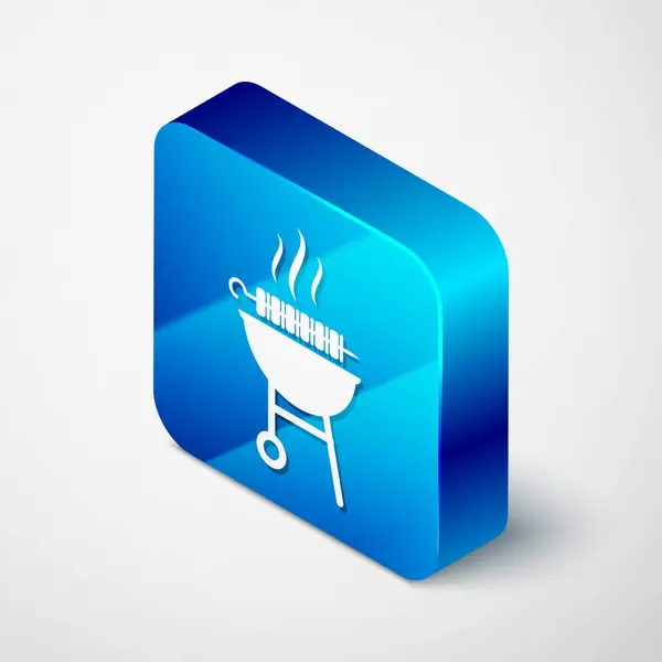 Isometric Barbecue grilled shish kebab on skewer stick icon isolated on white background. BBQ meat kebab on skewer stick. Picnic with grill meat. Blue square button. Vector Illustration — Stock Vector