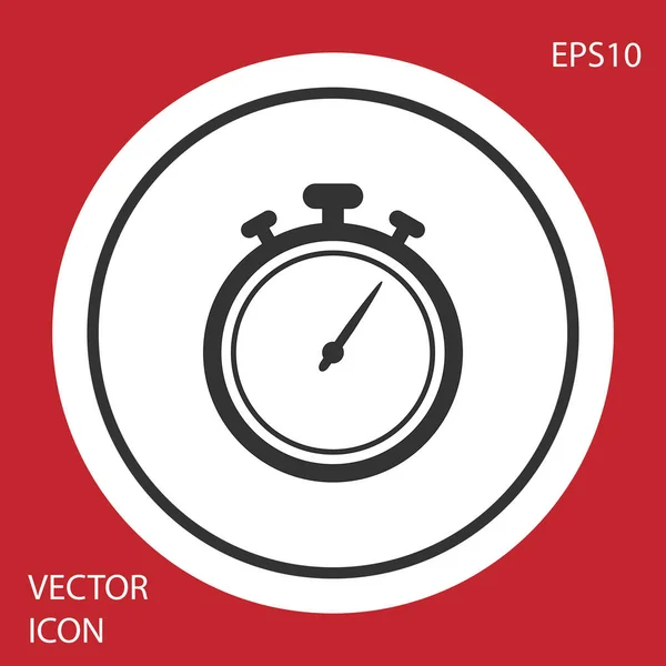 Graues Stoppuhr-Symbol auf rotem Hintergrund. Zeitzeichen. Chronometerzeichen. weißer Kreis-Knopf. Vektorillustration — Stockvektor