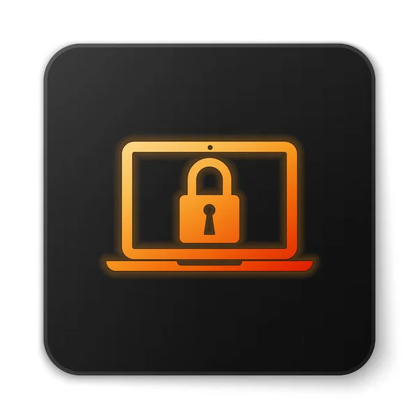 Orange leuchtender Laptop und Schloss-Symbol isoliert auf weißem Hintergrund. Computer und Vorhängeschloss. Sicherheit, Sicherheit, Schutzkonzept. sichere Vernetzung. schwarzer quadratischer Knopf. Vektorillustration — Stockvektor