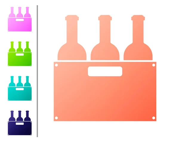 Bouteilles de vin corail dans une boîte en bois icône isolée sur fond blanc. Bouteilles de vin dans une icône de caisse en bois. Définir l'icône dans les boutons de couleur. Illustration vectorielle — Image vectorielle