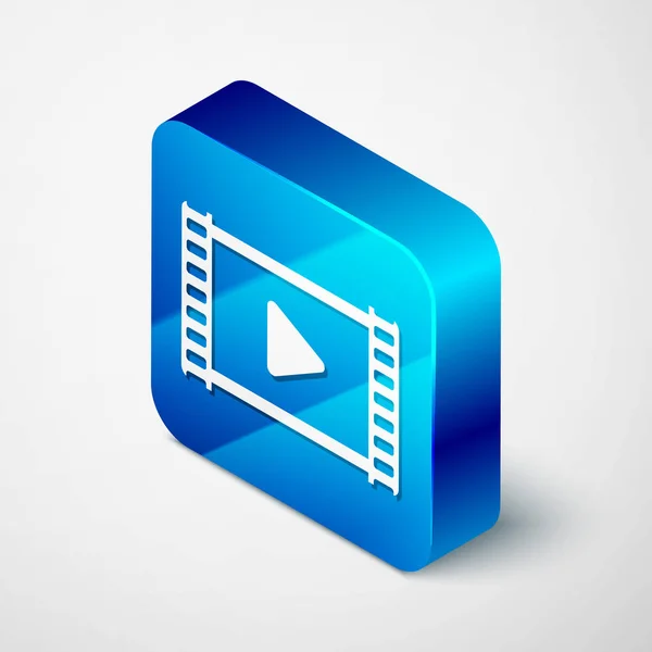 Isometrisches Abspielvideo-Symbol isoliert auf weißem Hintergrund. Filmstreifen mit Spielzeichen. blauer quadratischer Knopf. Vektorillustration — Stockvektor
