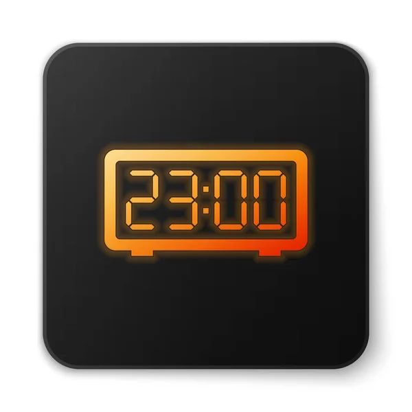 Icono de despertador digital brillante naranja aislado sobre fondo blanco. Reloj despertador electrónico. Icono de tiempo. Botón cuadrado negro. Ilustración vectorial — Archivo Imágenes Vectoriales