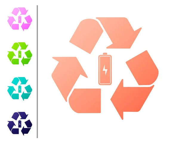 Coral Battery with recycle symbol line icon isolated on white background. Battery with recycling symbol - renewable energy concept. Set color icons. Vector Illustration