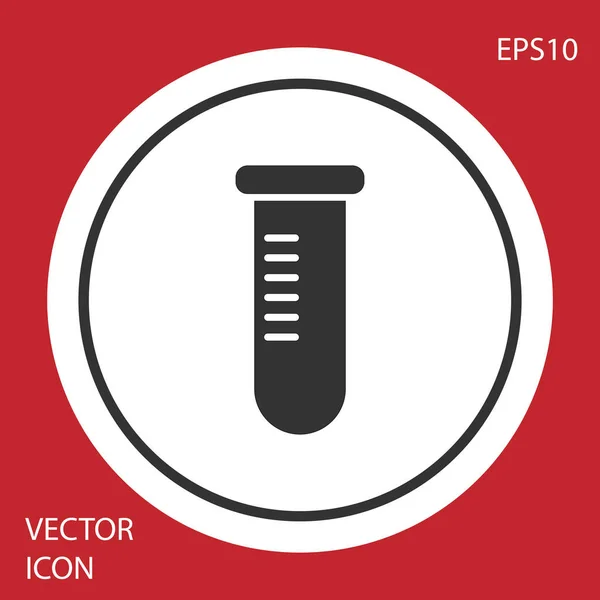 Graues Reagenzglas oder Kolben - Symbol für chemische Labortests auf rotem Hintergrund isoliert. Labor, wissenschaftliches Glasschild. weißer Kreis-Knopf. Vektorillustration — Stockvektor