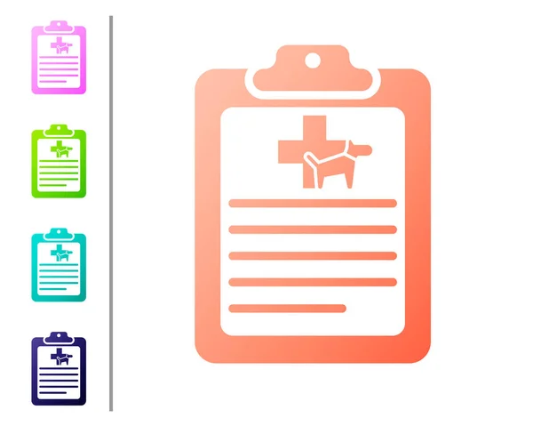 Presse-papiers corail avec dossier clinique médical icône animal isolé sur fond blanc. Formulaire d'assurance maladie. Rapport de contrôle médical. Définir des icônes de couleur. Illustration vectorielle — Image vectorielle