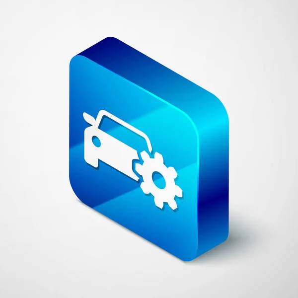 Icono de servicio de coche isométrico aislado sobre fondo blanco. Servicio mecánico automático. Servicio mecánico. Servicio de reparación mecánico de automóviles. Signo de mantenimiento. Botón cuadrado azul. Ilustración vectorial — Vector de stock