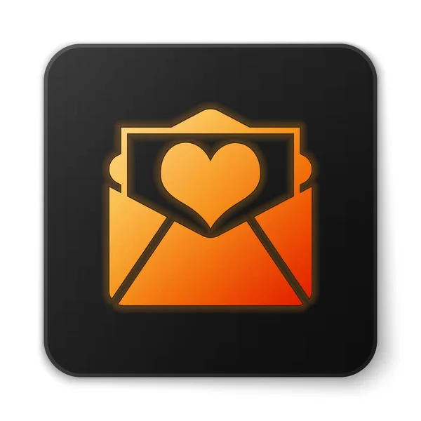 Oranje gloeiende envelop met Valentijn hart pictogram geïsoleerd op witte achtergrond. Letter liefde en romantiek. Zwarte vierkante knop. Vector illustratie — Stockvector