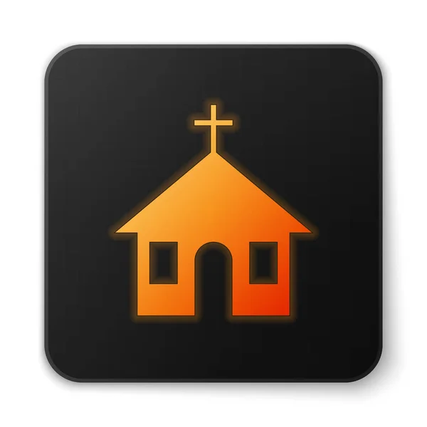 Orange leuchtende Ikone des Kirchenbaus isoliert auf weißem Hintergrund. christliche Kirche. Religion der Kirche. schwarzer quadratischer Knopf. Vektorillustration — Stockvektor