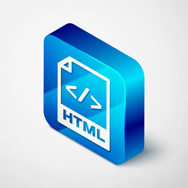 Izometrická Ikona dokumentu HTML. Ikona tlačítka HTML pro stažení je izolovaná na bílém pozadí. Symbol souboru HTML. Symbol jazyka značek. Modré čtvercové tlačítko. Vektorová ilustrace — Stockový vektor