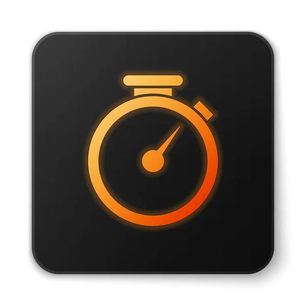 Icono de cronómetro brillante naranja aislado sobre fondo blanco. Signo del temporizador. Diseño plano. Botón cuadrado negro. Ilustración vectorial — Vector de stock