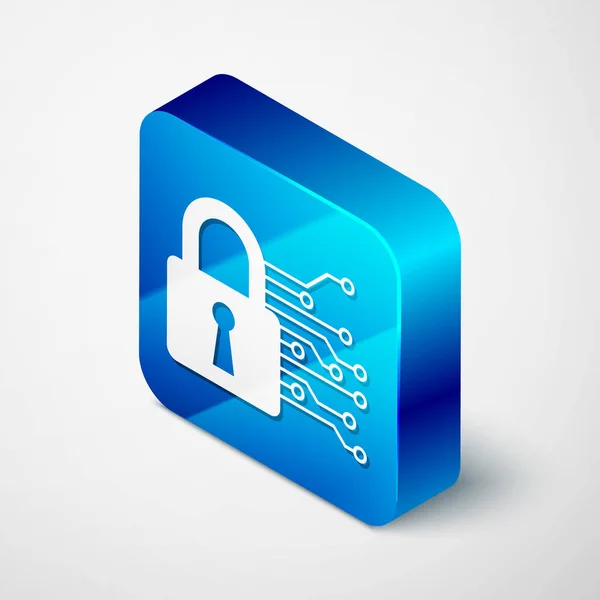 Isometric Cyber security icon isolated on white background. Closed padlock on digital circuit board. Safety concept. Digital data protection. Blue square button. Vector Illustration