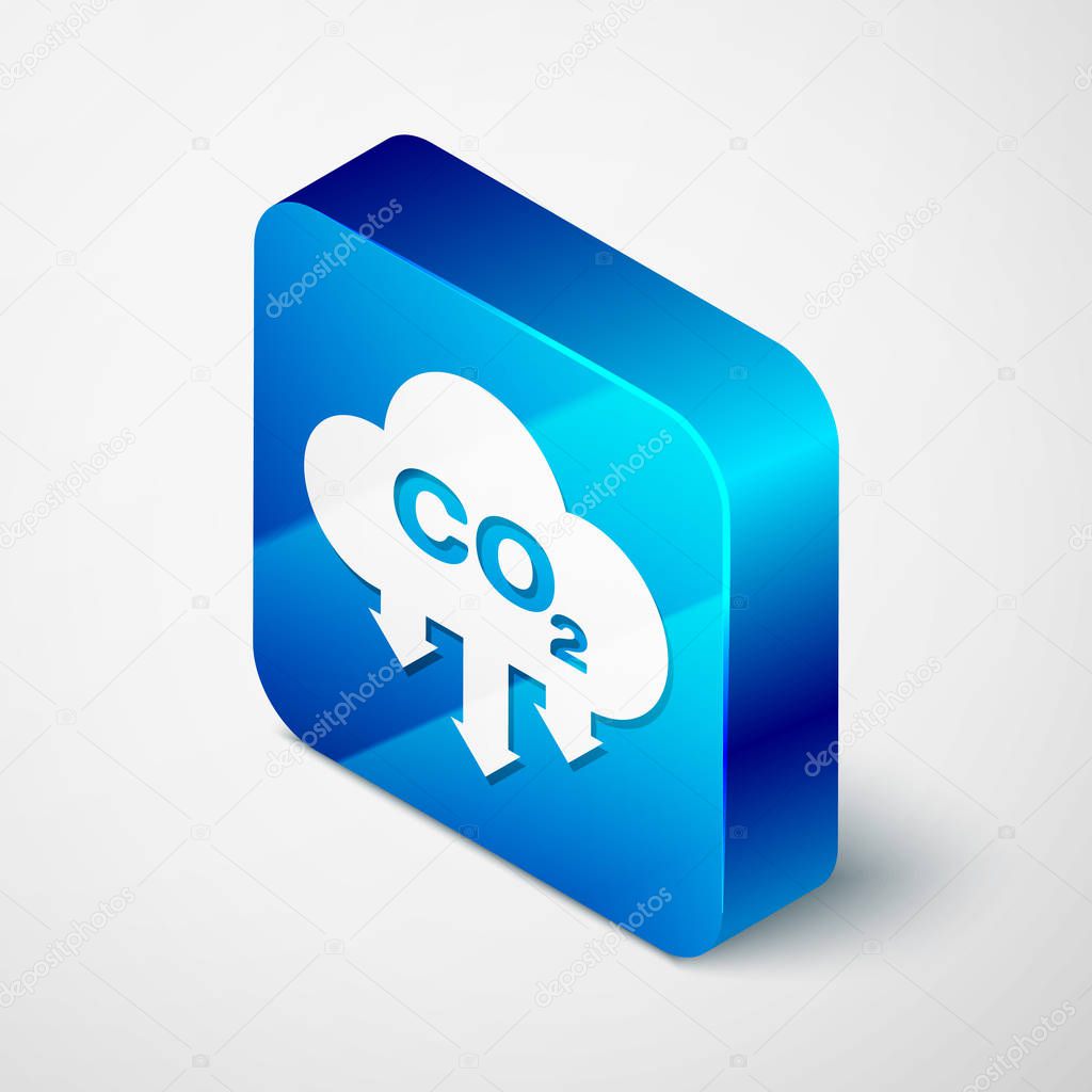 Isometric CO2 emissions in cloud icon isolated on white background. Carbon dioxide formula symbol, smog pollution concept, environment concept. Blue square button. Vector Illustration