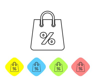Beyaz arka planda yalıtılmış bir yazıt yüzde indirim satırı simgesi ile Gri Shoping çanta. Çanta tabelası. Kadın çantası simgesi. Kadın çanta tabelası. Renk eşkenar dörtgen düğmelerinde simgeyi ayarlayın. Vektör İllüstrasyonu