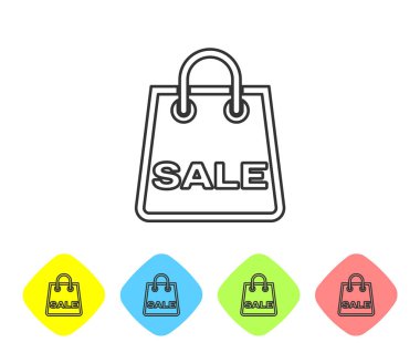 Beyaz arka planda izole edilmiş bir yazıt Satış satırı simgesi ile Gri Shoping çanta. Çanta tabelası. Kadın çantası simgesi. Kadın çanta tabelası. Renk eşkenar dörtgen düğmelerinde simgeyi ayarlayın. Vektör İllüstrasyonu