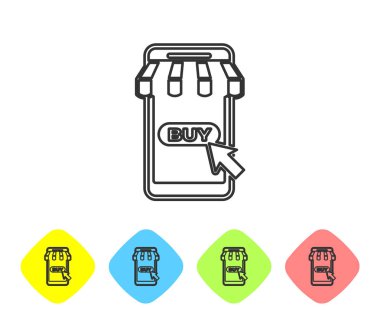 Beyaz arka plan üzerinde izole çizgili tente hattı simgesi ile Gri Cep telefonu ve alışveriş sepeti. Online satın alma sembolü. Süpermarket sepeti sembolü. Renk eşkenar dörtgen düğmelerinde simgeyi ayarlayın. Vektör İllüstrasyonu