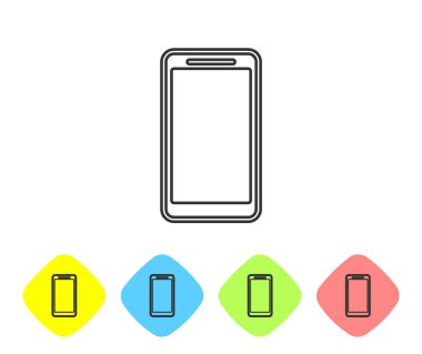 Gri Smartphone, beyaz arka planda izole cep telefonu hattı simgesi. Renk eşkenar dörtgen düğmelerinde simgeyi ayarlayın. Vektör İllüstrasyonu