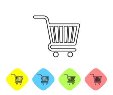 Gri Alışveriş sepeti satır simgesi beyaz arka planda yalıtılmış. Online satın alma konsepti. Teslimat hizmeti işareti. Süpermarket sepeti sembolü. Renk eşkenar dörtgen düğmelerinde simgeyi ayarlayın. Vektör İllüstrasyonu