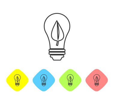 Beyaz arka plan üzerinde izole yaprak çizgi simgesi ile Gri Ampul. Eko enerji kavramı. Alternatif enerji konsepti. Renk eşkenar dörtgen düğmelerinde simgeyi ayarlayın. Vektör İllüstrasyonu