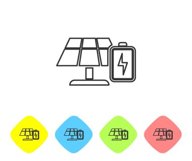 Gri Güneş enerji paneli ve pil hattı simgesi beyaz arka plan üzerinde izole. Renk eşkenar dörtgen düğmelerinde simgeyi ayarlayın. Vektör İllüstrasyonu