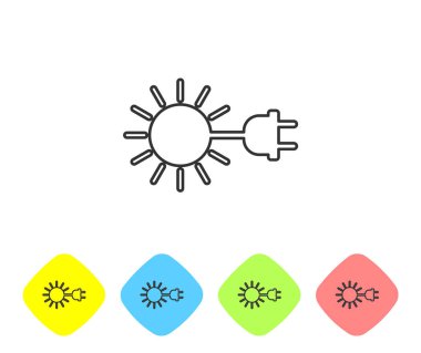 Beyaz arka planda izole edilmiş elektrikli fiş çizgisi simgesine sahip Gri Güneş. Enerji tasarrufu kavramı. Renk eşkenar dörtgen düğmelerinde simgeyi ayarlayın. Vektör İllüstrasyonu