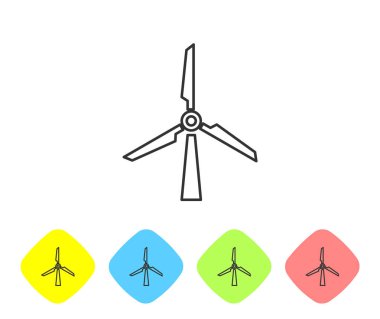 Gri Rüzgar türbini çizgi simgesi beyaz arka plan üzerinde izole. Rüzgar jeneratörü işareti. Yel değirmeni silueti. Elektrik enerjisi üretimi için yel değirmeni. Renk eşkenar dörtgen düğmelerinde simgeyi ayarlayın. Vektör İllüstrasyonu