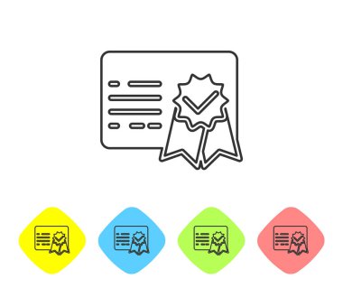 Beyaz arka planda Gri Sertifika şablon satırı simgesi. Başarı, ödül, derece, hibe, diploma kavramları. İş başarı belgesi. Renk eşkenar dörtgen düğmelerinde simgeyi ayarlayın. Vektör İllüstrasyonu