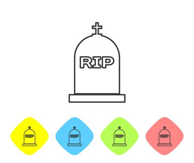 Gri Tombstone rip ile çizgi simgesi beyaz arka plan üzerinde izole yazılı. Mezar simgesi. Renk eşkenar dörtgen düğmelerinde simgeyi ayarlayın. Vektör İllüstrasyonu