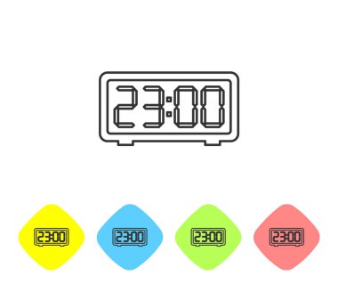 Gri Dijital çalar saat çizgisi simgesi beyaz arka planda yalıtılmış. Elektronik saat çalar saat. Zaman simgesi. Renk eşkenar dörtgen düğmelerinde simgeyi ayarlayın. Vektör İllüstrasyonu