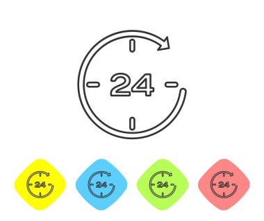 Gri Saat 24 saat satır simgesi beyaz arka plan üzerinde yalıtılmış. Tüm gün döngüsel simge. 24 saat hizmet sembolü. Renk eşkenar dörtgen düğmelerinde simgeyi ayarlayın. Vektör İllüstrasyonu