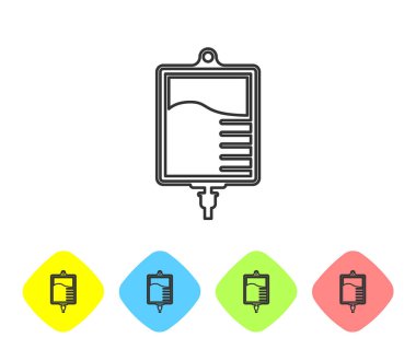 Gri Iv çanta çizgi simgesi beyaz arka plan üzerinde izole. Kan torbası simgesi. Bağış kan kavramı. Tedavi ve tedavi kavramı, kemoterapi. Renk eşkenar dörtgen düğmelerinde simgeyi ayarlayın. Vektör İllüstrasyonu