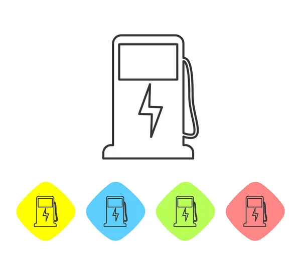 Icono de línea de carga de coche eléctrico gris aislado sobre fondo blanco. Eco señal de bomba de combustible eléctrico. Establecer icono en los botones de rombo de color. Ilustración vectorial — Archivo Imágenes Vectoriales