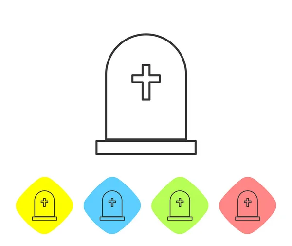 Grijze tombstone met kruis lijn pictogram geïsoleerd op witte achtergrond. Graf icoon. Pictogram instellen in kleur Rhombus-knoppen. Vector illustratie — Stockvector