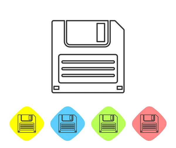 Disco flexível cinza para o ícone da linha de armazenamento de dados do computador isolado no fundo branco. Sinal de disquete. Definir ícone em botões de losango de cor. Ilustração vetorial — Vetor de Stock
