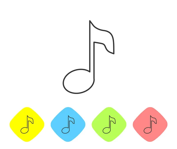 Nota de música cinza, ícone de linha de tom isolado no fundo branco. Definir ícone em botões de losango de cor. Ilustração vetorial — Vetor de Stock
