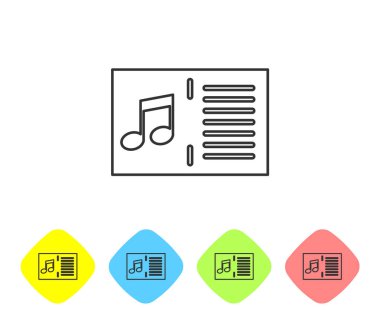 Beyaz arka planda yalıtılmış not satırı simgesine sahip Gri Müzik kitabı. Nota stave ile müzik sayfası. Not defteri, notalar için. Renk eşkenar dörtgen düğmelerinde simgeyi ayarlayın. Vektör İllüstrasyonu