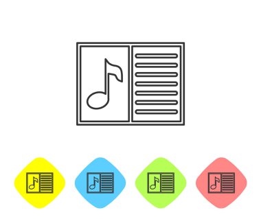 Beyaz arka planda yalıtılmış not satırı simgesine sahip Gri Müzik kitabı. Nota stave ile müzik sayfası. Not defteri, notalar için. Renk eşkenar dörtgen düğmelerinde simgeyi ayarlayın. Vektör İllüstrasyonu