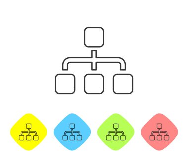Gri İş hiyerarşisi organogram grafik infographics çizgi simgesi beyaz arka plan üzerinde. Kurumsal organizasyon yapısı grafik elemanları. Renk eşkenar dörtgen düğmelerinde simgeyi ayarlayın. Vektör İllüstrasyonu