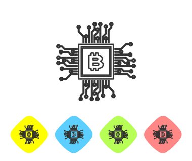 Beyaz arka planda Gri Cpu madenciliği çiftlik satırı simgesi. Bitcoin işlemci içinde işareti. Kripto para madenciliği topluluğu. Dijital para. Renk eşkenar dörtgen düğmelerinde simgeyi ayarlayın. Vektör İllüstrasyonu