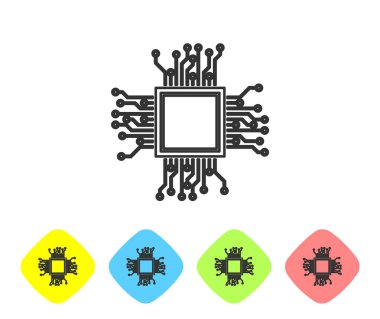 Beyaz arka planda Gri İşlemci çizgi simgesi. İşlemci, merkezi işlem birimi, mikroçip, mikrodevre, bilgisayar işlemcisi, çip. Renk eşkenar dörtgen düğmelerinde simgeyi ayarlayın. Vektör İllüstrasyonu
