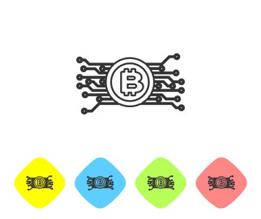 Gri Cryptocurrency kavramı bitcoin beyaz arka plan üzerinde mikroçip devre hattı simgesi ile daire içinde. Blockchain teknolojisi, dijital para piyasası. Renk eşkenar dörtgen düğmelerinde simgeyi ayarlayın. Vektör İllüstrasyonu
