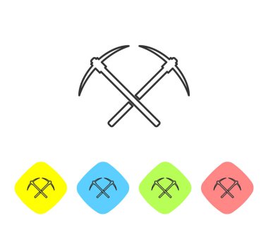 Beyaz arka planda Gri Çapraz kazma çizgi simgesi. Blockchain teknolojisi, kripto para madenciliği, bitcoin, altcoins, dijital para piyasası. Renk eşkenar dörtgen düğmelerinde simgeyi ayarlayın. Vektör İllüstrasyonu