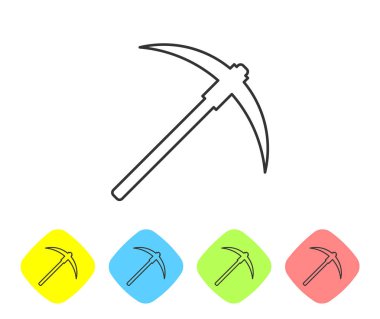 Beyaz arka planda Gri Kazma çizgisi simgesi. Blockchain teknolojisi, kripto para madenciliği, bitcoin, dijital para piyasası, kripto para cüzdanı. Renk eşkenar dörtgen düğmelerinde simgeyi ayarlayın. Vektör İllüstrasyonu