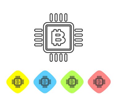 Beyaz arka planda Gri Cpu madenciliği çiftlik satırı simgesi. Mikroçipin içinde Bitcoin işareti. Kripto para madenciliği topluluğu. Dijital para. Renk eşkenar dörtgen düğmelerinde simgeyi ayarlayın. Vektör İllüstrasyonu