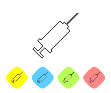 Gri Şırınga çizgi simgesi beyaz arka planda yalıtılmış. Aşı, aşı, enjeksiyon, grip aşısı için şırınga. Tıbbi ekipmanlar. Renk eşkenar dörtgen düğmelerinde simgeyi ayarlayın. Vektör İllüstrasyonu