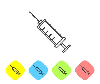 Gri Şırınga çizgi simgesi beyaz arka planda yalıtılmış. Aşı, aşı, enjeksiyon, grip aşısı için şırınga. Tıbbi ekipmanlar. Renk eşkenar dörtgen düğmelerinde simgeyi ayarlayın. Vektör İllüstrasyonu
